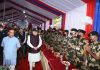 Union Home minister Amit shah interacing with BSF personnel during his visit to a BOP at India Bangladesh border at Mankachar in Assam on Monday. (UNI)