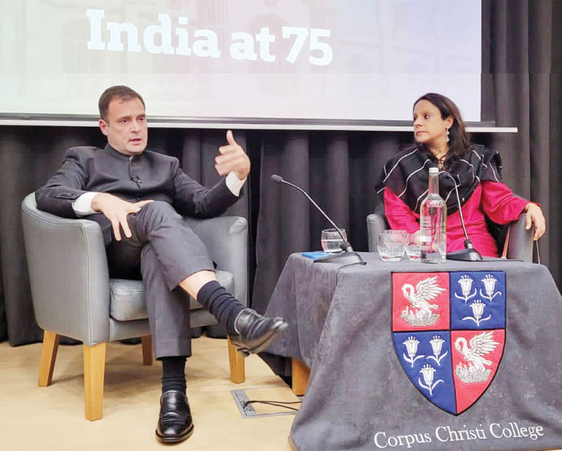 Congress leader Rahul Gandhi speaks during an event at the University of Cambridge, in London on Monday. (UNI) Congress leader Rahul Gandhi speaks during an event at the University of Cambridge, in London on Monday. (UNI)