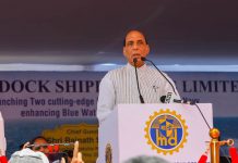 Defence Minister Rajnath Singh addressing the gathering during the launch of two frontline warships of the Indian Navy – ‘Surat’ and ‘Udaygiri’ at Mazagon Docks Limited (MDL),in Mumbai on Tuesday. (UNI)