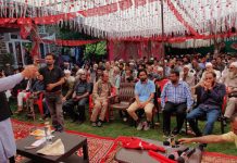 NC leader, Sajjad Shaheen addressing party workers during convention at Banihal on Wednesday.