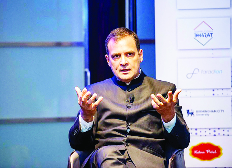 Congress leader Rahul Gandhi speaking at the 'Ideas for India' conclave in London on Friday. (UNI)