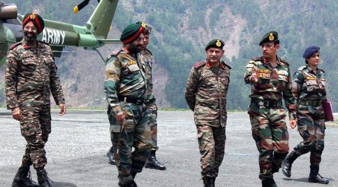 Northern Command chief Lt Gen Upendra Dwivedi during a visit to Dharmund on Saturday.