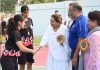 Chief Guest, Neelu Rohmetra- Director with Directorate of Distance Education interacting with players during commencement of the Basketball tournament at Jammu University on Monday.