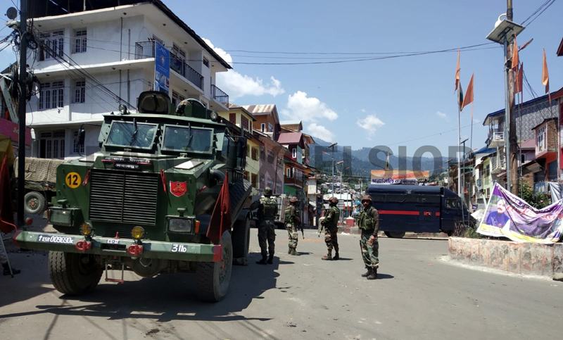 Army and paramilitary forces patrol Bhaderwah town on Friday. -Excelsior/Tilak Raj Army and paramilitary forces patrol Bhaderwah town on Friday. -Excelsior/Tilak Raj