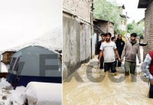 Snowfall at Sheshnag on Shri Amarnath yatra route (left) and flash floods at Bemina in Srinagar on Wednesday. -Excelsior pics by Sajad Dar & Shakeel