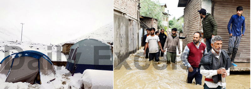 Snowfall at Sheshnag on Shri Amarnath yatra route (left) and flash floods at Bemina in Srinagar on Wednesday. -Excelsior pics by Sajad Dar & Shakeel