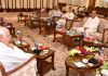 Lieutenant Governor Manoj Sinha in a meeting with senior political leaders in Srinagar on Wednesday.