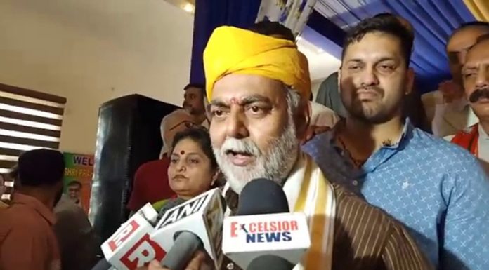 Union Minister Prahlad Singh Patel talking to reporters at Jammu on Sunday. — Excelsior/Rakesh