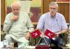 NC president Dr Farooq Abdullah addressing party meeting at Srinagar on Thursday.