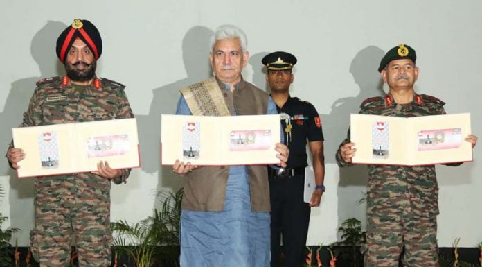 Lieutenant Governor Manoj Sinha with Army Commanders at 16 Corps in Nagrota on Monday.