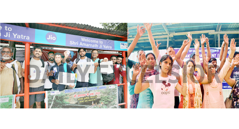 Shri Amarnathji yatris displaying their registration slips at Bhagwati Nagar Yatri Niwas Jammu (left) and pilgrims chanting 