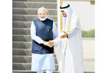 Prime Minister Narendra Modi being welcomed by President of UAE and Ruler of Abu Dhabi Sheikh Mohamed bin Zayed Al Nahyan upon his arrival in Abu Dhabi on Tuesday. (UNI)