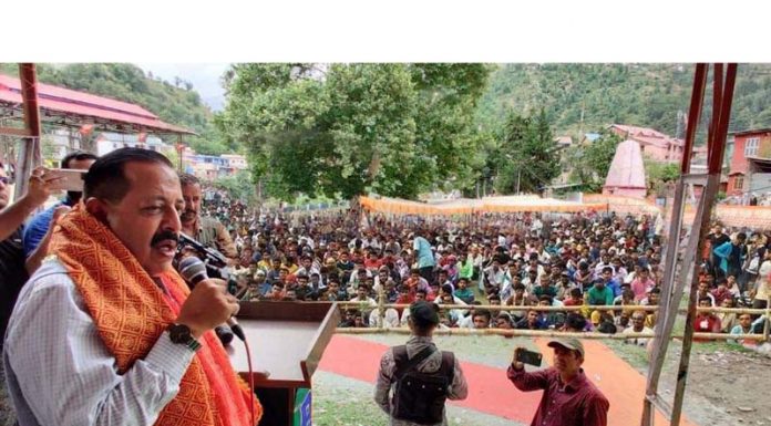 Union Minister Dr Jitendra Singh addressing a public rally at Bani in district Kathua on Monday.