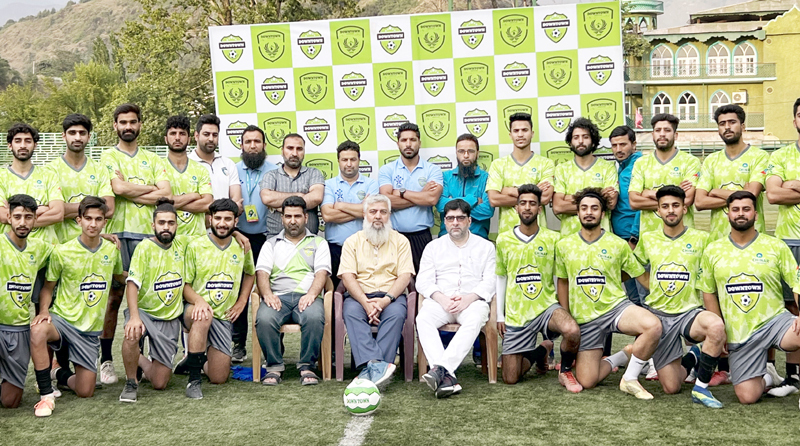 Office bearers of Downtown Heroes Football Club during unveiling ceremony of new kit at Srinagar on Tuesday. Office bearers of Downtown Heroes Football Club during unveiling ceremony of new kit at Srinagar on Tuesday.
