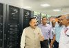 Union Minister Dr Jitendra Singh going around the various blocks of India's premier institution, the "National Centre for Medium Range Weather Forecast" (NCMRWF) at Noida, on Thursday. Also seen is Union Secretary Earth Sciences, Dr M.Ravichandran.