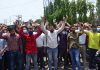 JKSSB aspirants raising slogans during protest at Jammu on Wednesday.
