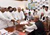 UPA Presidential candidate Yashwant Sinha filing nomination for Presidential election 2022 in the presence of senior leaders of the alliance, at Parliament House in New Delhi on Monday. (UNI)