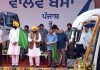 Delhi Chief Minister Arvind Kejriwal and Punjab CM Bhagwant Mann flag off Volvo buses from ISBT Jalandhar to the Indira Gandhi International Airport in the national capital, on Wednesday. (UNI)