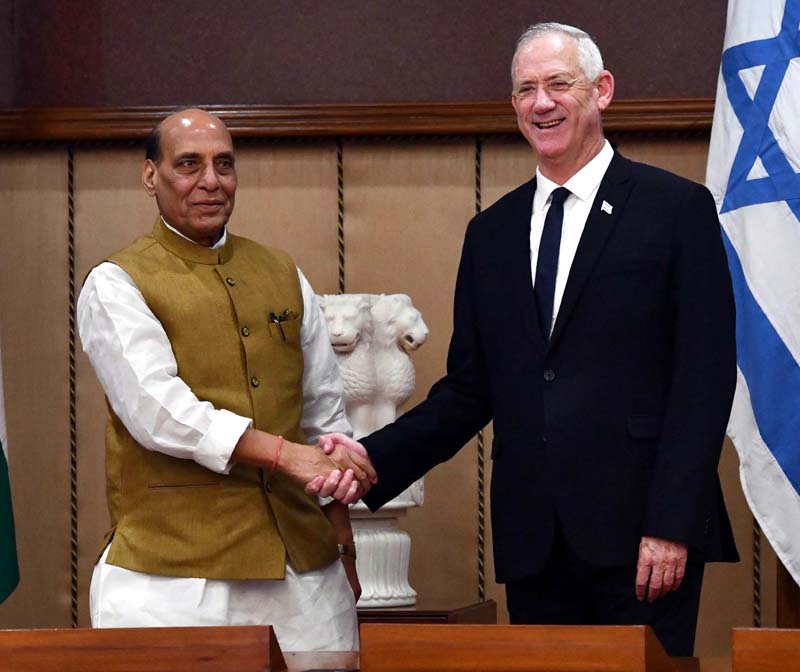 Defence Minister Rajnath Singh holds a bilateral meeting with his Israeli counterpart Benny Gantz at Vigyan Bhavan in New Delhi on Thursday. (UNI) Defence Minister Rajnath Singh holds a bilateral meeting with his Israeli counterpart Benny Gantz at Vigyan Bhavan in New Delhi on Thursday. (UNI)
