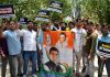 Youth Congress activists staging a protest against the alleged attack on Waynad office of Congress leader Rahul Gandhi, in New Delhi on Saturday. (UNI)