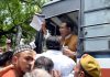 AIMIM Delhi President Kaleemul Hafeez along with party supporters being deatined by Police as they stage a protest against Nupur Sharma and Naveen Jindal at Parliament Street Police Station in New Delhi on Thursday. (UNI)