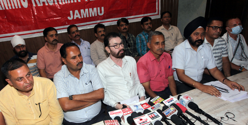JKTF leaders addressing a press conference at Jammu on Friday. —Excelsior/Rakesh