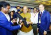 Defence Minister Rajnath Singh at the exhibition organised during the second conference on Military Ammunition (Ammo India) in New Delhi on Wednesday. (UNI)