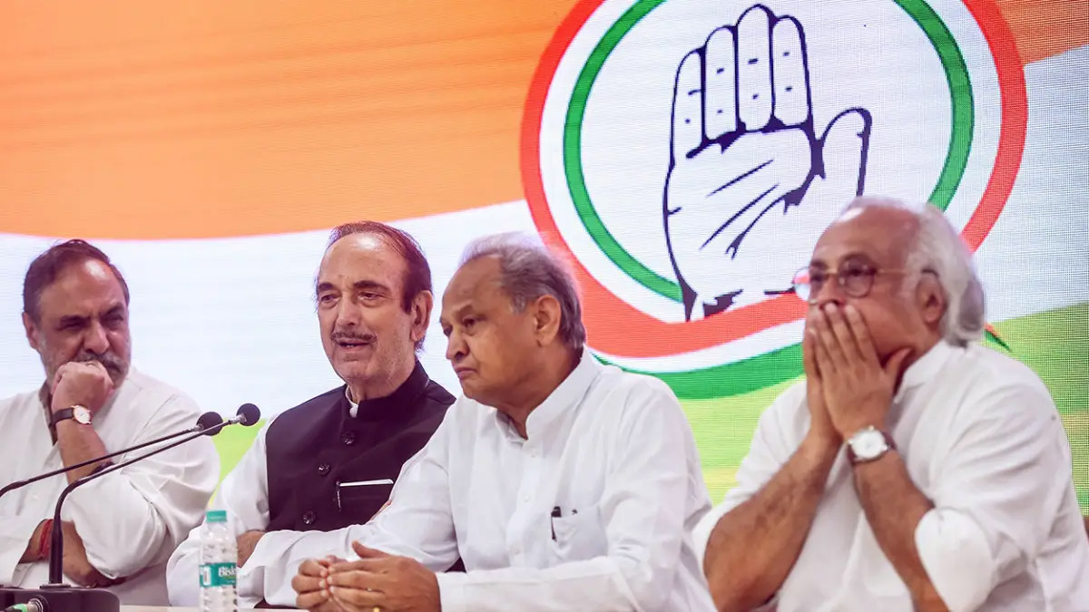 Congress leaders Ghulam Nabi Azad, Ashok Gehlot, Jairam Ramesh and Anand Sharma address a press conference at the AICC headquarters, in New Delhi