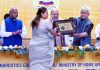 SWD Commissioner Secretary Sheetal Nanda receiving award from Home Minister Amit Shah and LG Manoj Sinha in Chandigarh on Saturday.