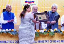 SWD Commissioner Secretary Sheetal Nanda receiving award from Home Minister Amit Shah and LG Manoj Sinha in Chandigarh on Saturday.