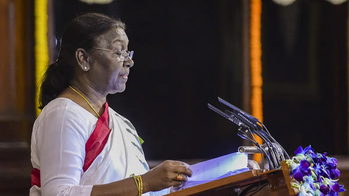 President Droupadi Murmu speaks after taking oath in the Central Hall of Parliament, in New Delhi