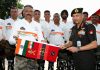 Army Vice Chief Lt. Gen. B S Raju flagging off motor bike expedition to Ladakh, in New Delhi on Monday.