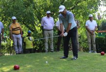 DGP Dilbag Singh playing Golf during ‘Tee Off’ functionat Srinagar on Saturday.