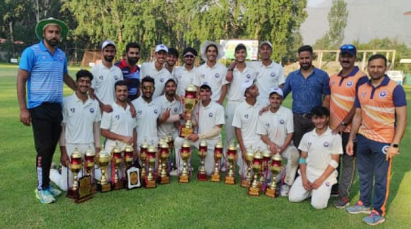 Jubilant JKCA Blue team posing alongwith officials at SK Stadium in Srinagar on Monday. Jubilant JKCA Blue team posing alongwith officials at SK Stadium in Srinagar on Monday.