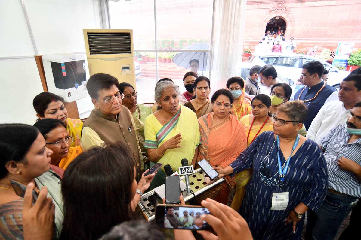 Union Finance Minister Nirmala Sitharaman with Union Minister for Industry and Commerce Piyush Goyal addressing a press conference at Parliament house during the Monsoon Session in New Delhi on Thursday. (UNI) Union Finance Minister Nirmala Sitharaman with Union Minister for Industry and Commerce Piyush Goyal addressing a press conference at Parliament house during the Monsoon Session in New Delhi on Thursday. (UNI)