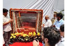 Lieutenant Governor of Ladakh R K Mathur laying foundation stone of Ladakh Bhavan at Dwarka in Delhi on Sunday.