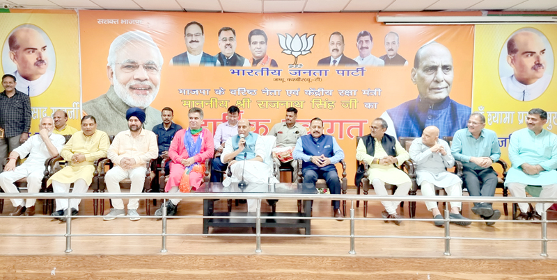 Defence Minister Rajnath Singh and MoS in PMO Dr Jitendra Singh along with senior BJP leaders during a meeting at BJP Headquarters, Trikuta Nagar on Sunday. Defence Minister Rajnath Singh and MoS in PMO Dr Jitendra Singh along with senior BJP leaders during a meeting at BJP Headquarters, Trikuta Nagar on Sunday.