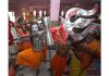 Shri Amarnath bound Sadhus chanting 'Bum Bum Bhole' and displaying a Trishul at Ram Mandir in Jammu on Tuesday. — Excelsior/Rakesh