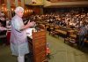 Lt Governor Manoj Sinha addressing after inauguration of a two-day multi-stakeholder convention on holistic agriculture in Srinagar on Monday. (UNI)