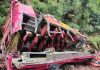 Wreckage of bus lying in gorge after the accident.