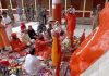 Mahant Deependra Giri Ji Maharaj and other devotees performing Puja at Sharika Bhawani Temple, Hari Parvat Srinagar on Friday. -Excelsior/Shakeel