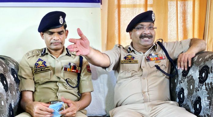 DGP Dilbag Singh and ADGP Vijay Kumar during an interaction with media in Anantnag on Friday.