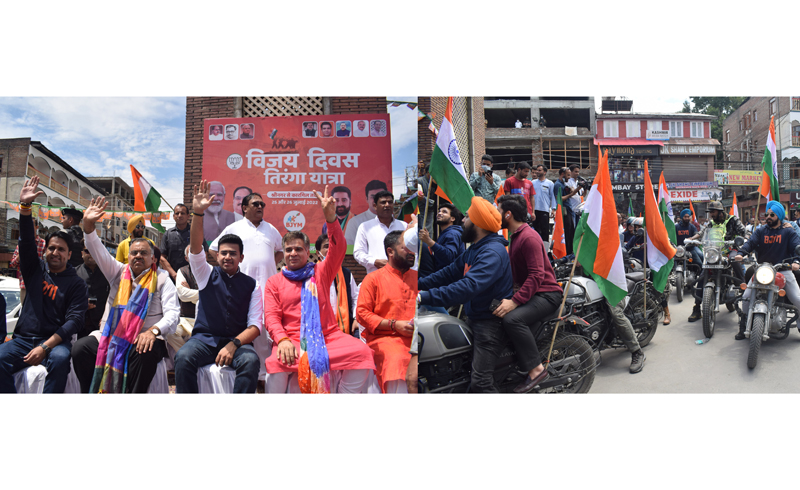 BJP leaders Tarun Chug, Tejasvi Surya and Ravinder Raina (left) during ‘Tiranga Bikers Rally’ (right) at Lal Chowk in Srinagar on Monday. —Excelsior/Shakeel