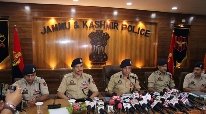 Additional DGP Jammu Mukesh Singh addressing a press conference in Jammu on Monday. — Excelsior/Rakesh