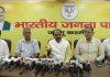 PSC Chairman of Railways, Ramesh Chandra Ratan along with other BJP leaders at a press conference at Jammu on Wednesday. — Excelsior/Rakesh