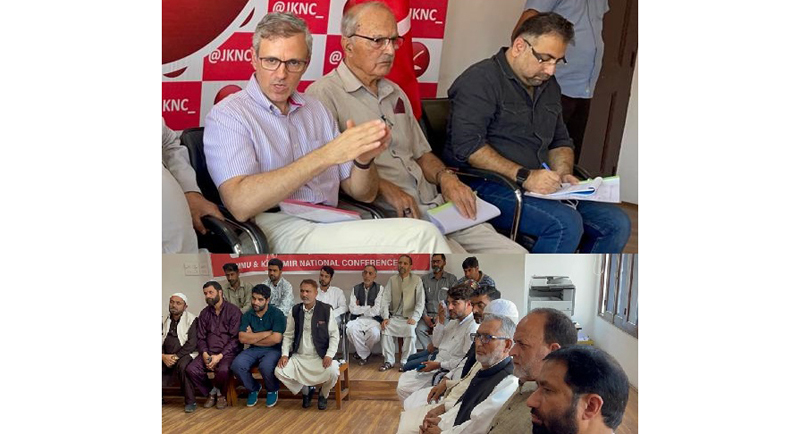 Omar Abdullah meeting with NC leaders & workers at the party headquarters in Srinagar on Tuesday.