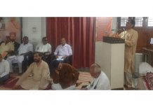 Newly elected APSJK president, Arun Chowdhary addressing a gathering at Jammu on Sunday.