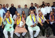 Apni Party president, Altaf Bukhari along with new entrants at a joining function in Jammu on Monday.