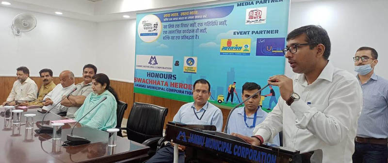 A dignitary addressing the gathering during ‘Swachhta Pakhwada’ celebration by JMC and Bharat Petroleum at Jammu on Friday. A dignitary addressing the gathering during ‘Swachhta Pakhwada’ celebration by JMC and Bharat Petroleum at Jammu on Friday.