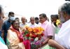NDA Presidential candidate Draupadi Murmu being received by Puducherry Chief Minister N Rangasamy and Speaker R Selvam at Puducherry Airport on Saturday. (UNI)